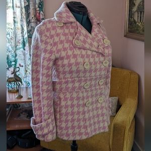 Pink and white houndstooth wool peacoat